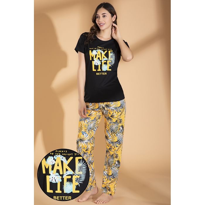 Clovia Text Print Black Sleep T-shirt & Tropical Print Yellow Pyjama - 100% Cotton - LS0193P02, Light yellow
Clovia Text Print Black Sleep T-shirt & Tropical Print Yellow Pyjama - 100% Cotton - LS0193P02, Light yellow