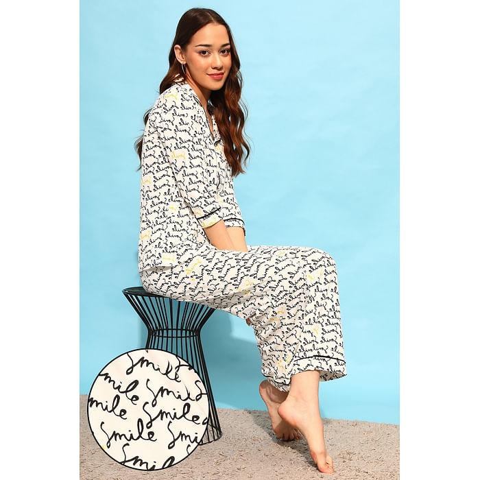 Clovia Text Print Button Down Shirt & Pyjama Set in White - 100% Cotton - LS0585D18
Clovia Text Print Button Down Shirt & Pyjama Set in White - 100% Cotton - LS0585D18