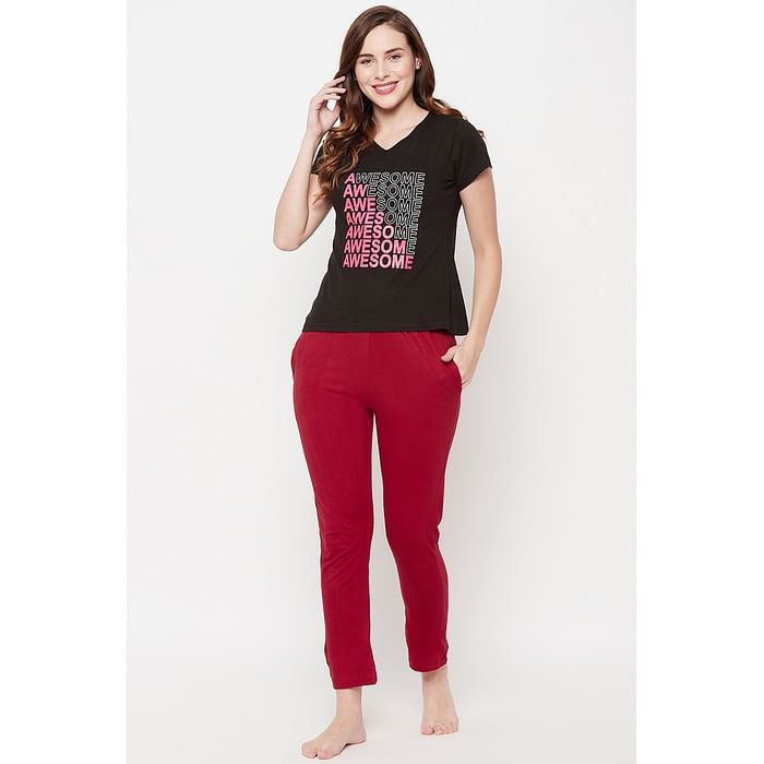 Clovia Text Print Sleep T-shirt in Black & Chic Basic Pyjama in Maroon - 100% Cotton - LSC001D13
Clovia Text Print Sleep T-shirt in Black & Chic Basic Pyjama in Maroon - 100% Cotton - LSC001D13