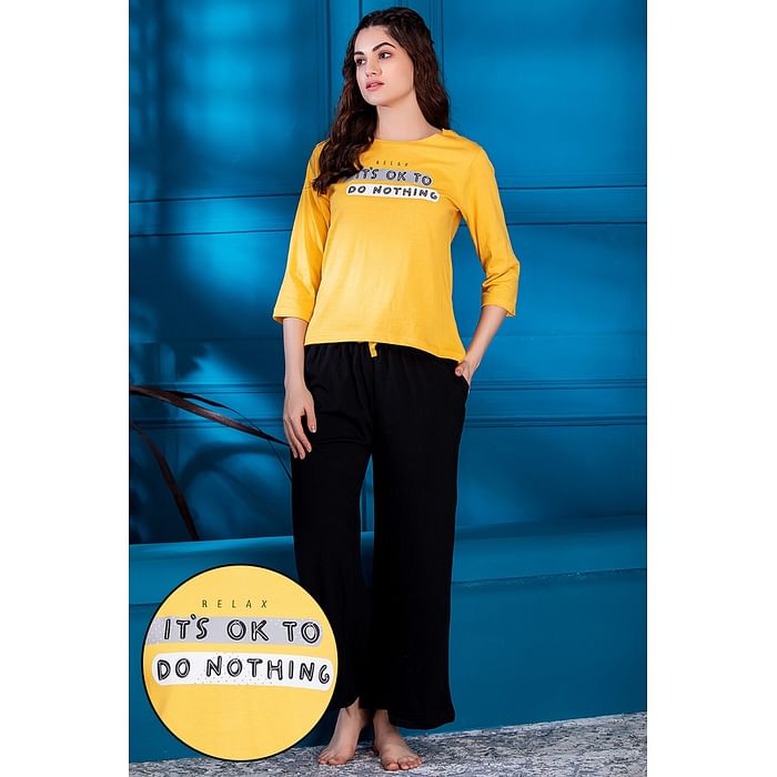 Clovia Text Print Top & Solid Flared Pyjama Set in Yellow - 100% Cotton - LS0546P02, Light yellow
Clovia Text Print Top & Solid Flared Pyjama Set in Yellow - 100% Cotton - LS0546P02, Light yellow