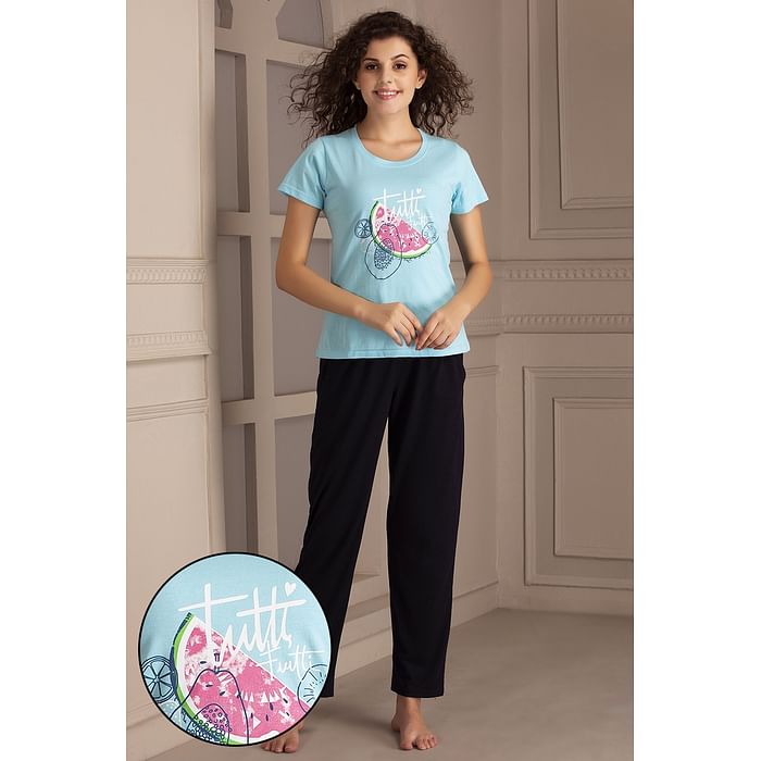 Clovia Tooty Fruity Top & Pyjama Set in Blue & Navy - 100% Cotton - LSC124A03, Light blue
Clovia Tooty Fruity Top & Pyjama Set in Blue & Navy - 100% Cotton - LSC124A03, Light blue