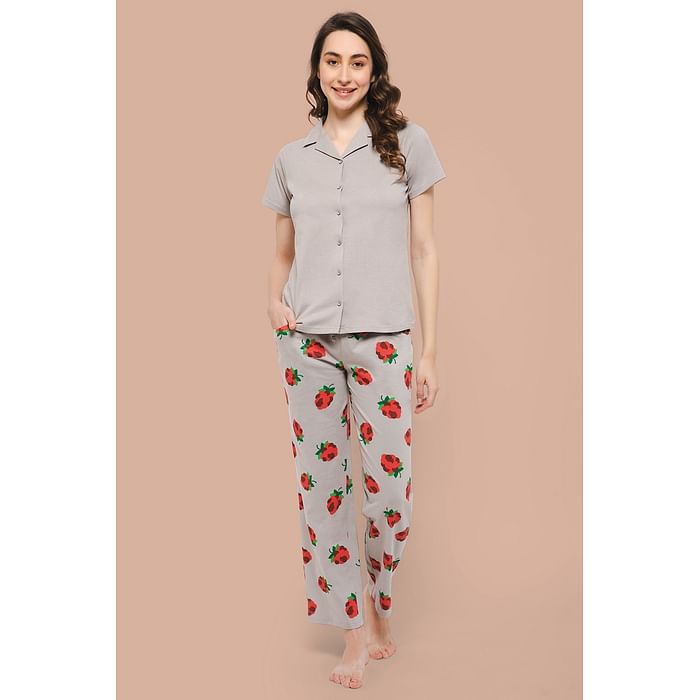 Clovia Tutti Fruity Button Down Shirt & Pyjama Set in Grey - 100% Cotton - LS0025L01, Light grey
Clovia Tutti Fruity Button Down Shirt & Pyjama Set in Grey - 100% Cotton - LS0025L01, Light grey