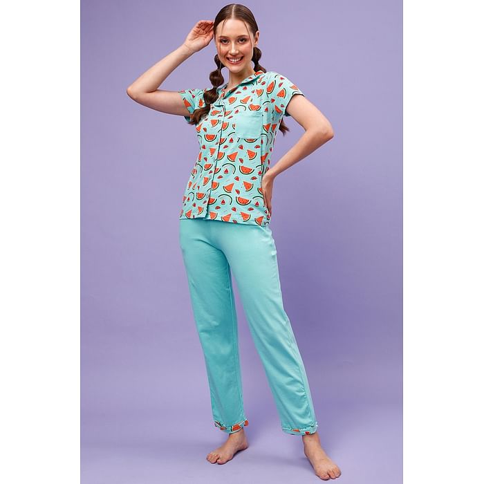 Clovia Tutti Fruity Button Down Shirt & Chic Basic Pyjama Set in Sky Blue - 100% Cotton - LS0025U03, Light blue
Clovia Tutti Fruity Button Down Shirt & Chic Basic Pyjama Set in Sky Blue - 100% Cotton - LS0025U03, Light blue