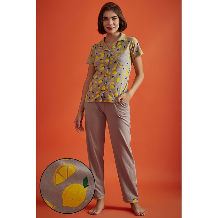 Clovia Tutti Fruity Button Down Shirt & Chic Basic Pyjama Set in Dark Grey - 100% Cotton - LS0025T05
Clovia Tutti Fruity Button Down Shirt & Chic Basic Pyjama Set in Dark Grey - 100% Cotton - LS0025T05