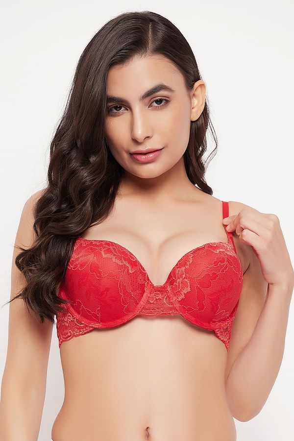 Buy Level 3 Push Up Padded Underwired Demi Cup Bra In Red Lace Online