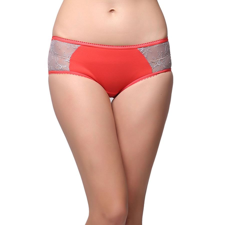 Buy Cotton Mid Waist Bikini With Contrast Lace Orange Online India