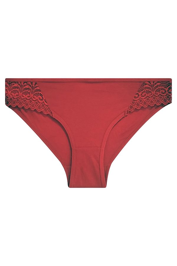 Buy Low Waist Bikini Panty In Red With Lace Panels Cotton Online