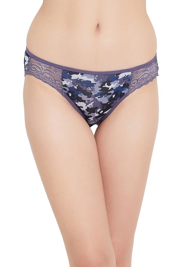 Buy Low Waist Camouflage Print Bikini Panty In Grey With Lace Panels