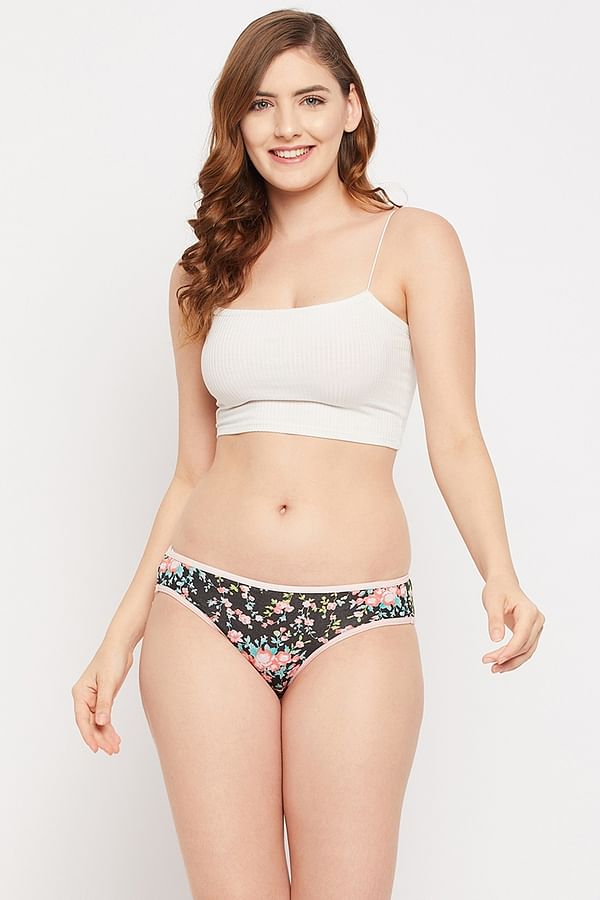 Buy Low Waist Floral Print Bikini Panty In Black Cotton Online India