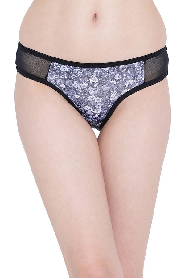 Buy Low Waist Floral Print Bikini Panty With Mesh Inserts In Navy