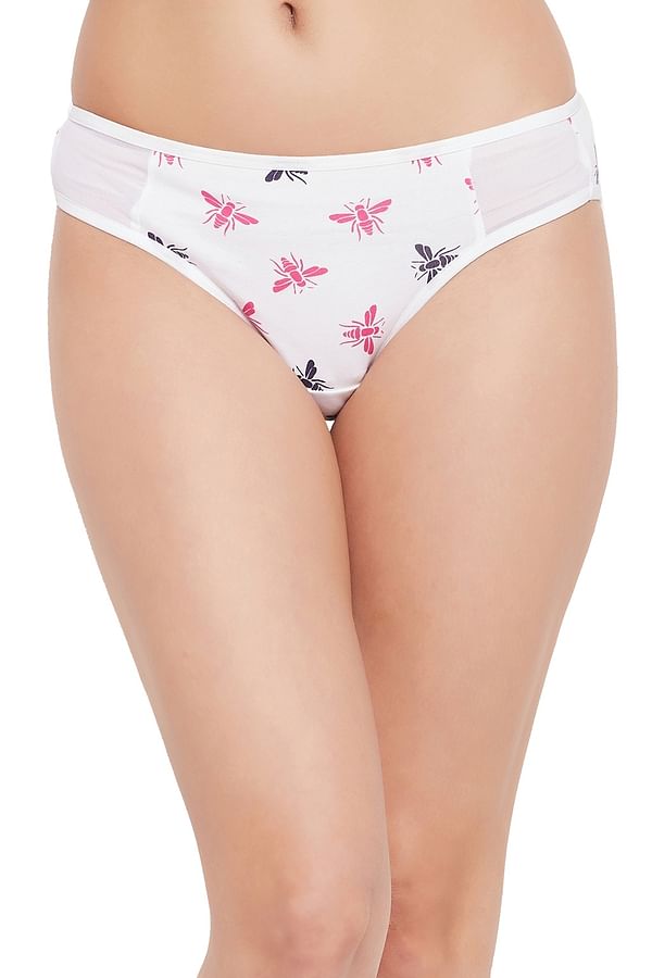 Buy Low Waist Fly Print Bikini Panty In White With Powernet Panels