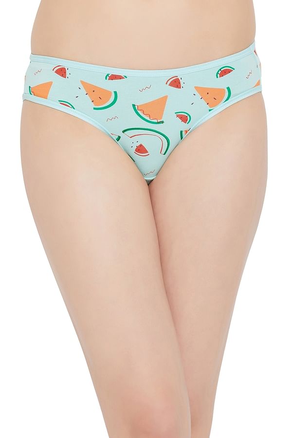 Buy Low Waist Fruit Print Bikini Panty In Baby Blue Cotton Online