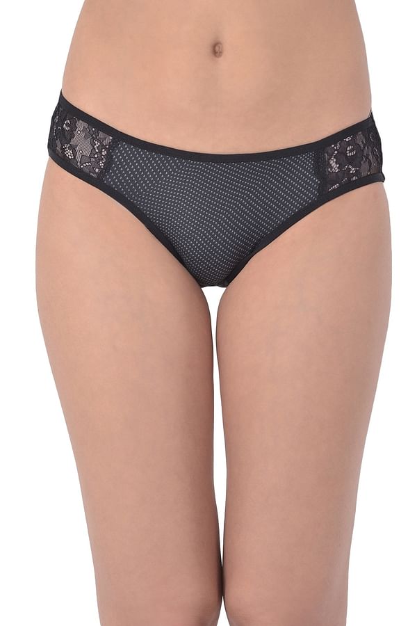 Buy Low Waist Printed Bikini Panty In Black With Lace Panels Online