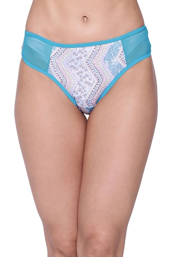 Buy Low Waist Printed Bikini Panty In Blue With Powernet Inserts Online