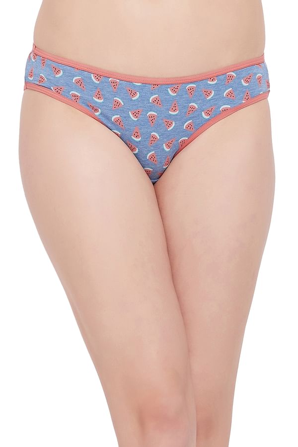 Buy Mid Waist Melon Print Bikini Panty In Powder Blue Cotton Online