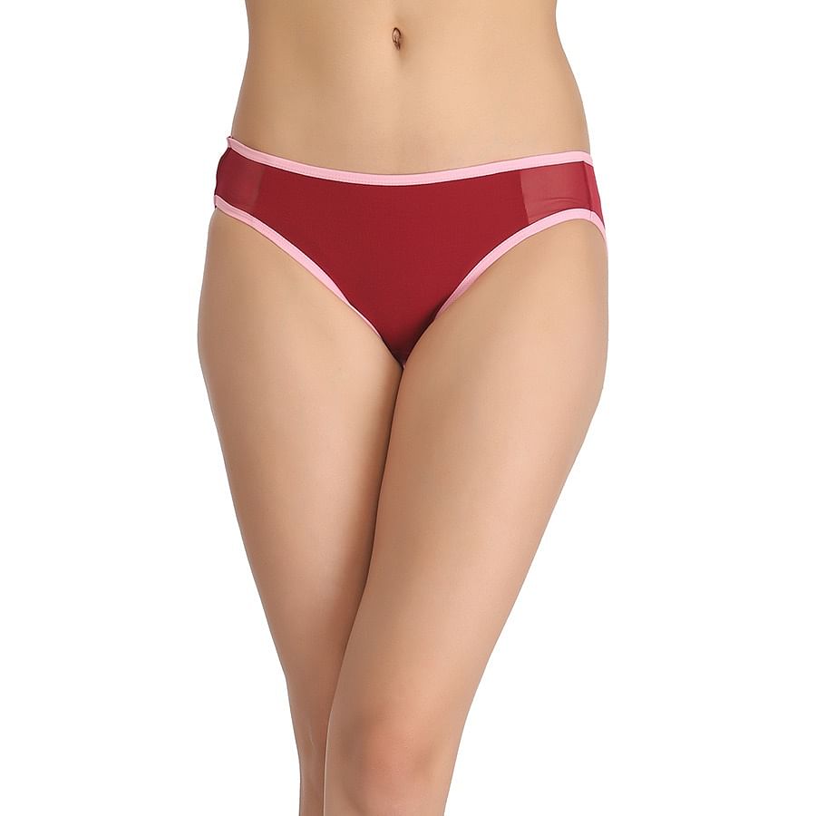 Buy Cotton Mid Waist Bikini With Powernet Side Wings Maroon Online