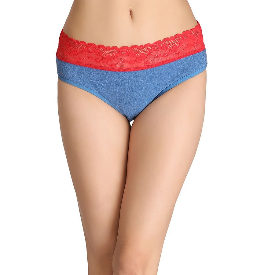 Buy Cotton Mid Waist Bikini With Contrast Lace Waist Blue Online