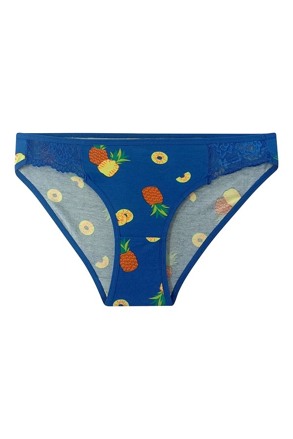 Buy Low Waist Fruit Print Bikini Panty In Blue With Lace Panels