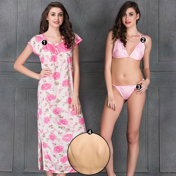 Clovia 4 Pcs Set of Long Nighty- Bra & Bikini- Transparent Straps - NSC286C22, Light pink
Clovia 4 Pcs Set of Long Nighty- Bra & Bikini- Transparent Straps - NSC286C22, Light pink