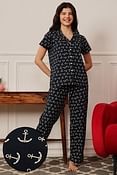 Button Down Anchor Print Shirt & Pyjama Set in Navy- Cotton