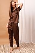 Chic Basic Button Down Shirt & Pyjama Set in Brown - Satin