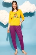 Graphic & Text Print Top in Yellow & Chic Basic Joggers in Purple - 100% Cotton