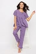 Printed Top and Pyjama Set in Dark Purple - Rayon	