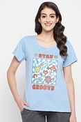 Graphic & Text Print Top in Sky Blue- 100% Cotton