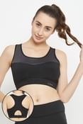 Medium Impact Padded Colourblocked Racerback Sports Bra in Black