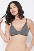 Non-Padded Non-Wired Demi Cup Text Print Plunge Bra in Dark Grey -Cotton Rich	