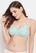 Padded Non-Wired Full Cup Floral Print T-shirt Bra in Baby Blue - Cotton