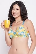 Padded Non-Wired Full Cup Floral Print T-shirt Bra in Yellow