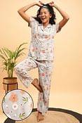 Pretty Florals Button Down Shirt & Pyjama Set in Grey - 100% Cotton