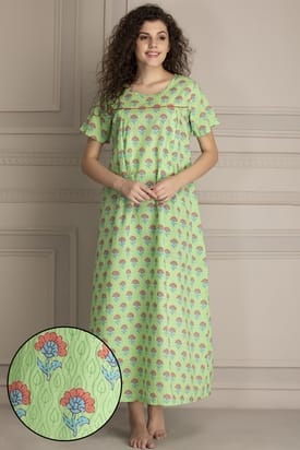 Pretty Florals Feeding Long Night Dress in Light Green- 100% Cotton