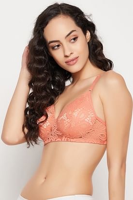 Buy Zivame Peach Coloured Lace Underwired Lightly Padded Push Up