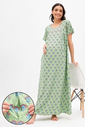 Buy Women's Rayon Green Maternity Long Feeding Dress for Women with  Concealed Nursing Zip for Breastfeeding & Pregnancy (Medium) at