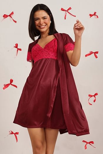 Front listing image for Short Night Dress & Robe Set in Maroon- Satin