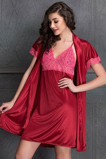 Front listing image for Short Night Dress & Robe Set in Maroon- Satin