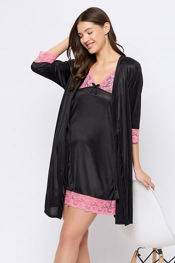 Front listing image for Chic Basic Short Night Dress & Robe Set in Black - Satin