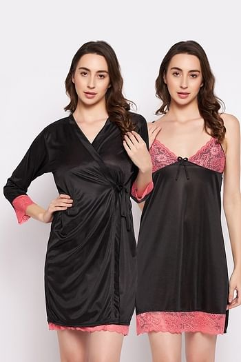 Front listing image for Chic Basic Short Night Dress & Robe Set in Black - Satin
