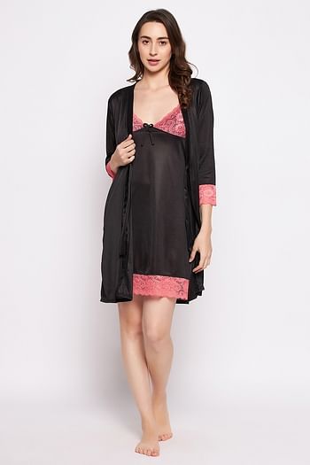 Back listing image for Chic Basic Short Night Dress & Robe Set in Black - Satin