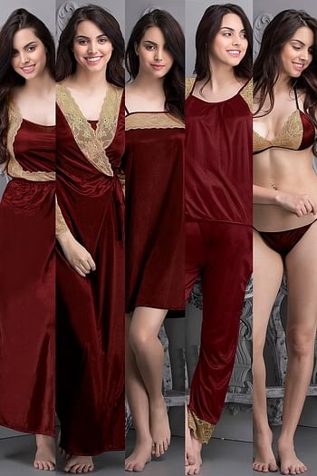Back listing image for 7 Pc Nightwear Set in Maroon- Satin