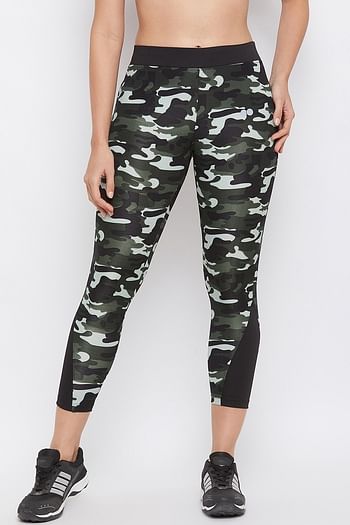 Front listing image for Camouflage Print Activewear Ankle Length Tights in Olive Green