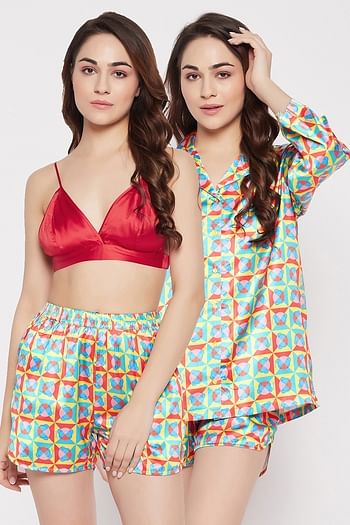 Front listing image for Abstract & Emoji Print 3 Piece Nightwear Set in Multicolour - Satin