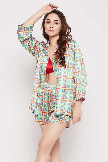 Back listing image for Abstract & Emoji Print 3 Piece Nightwear Set in Multicolour - Satin