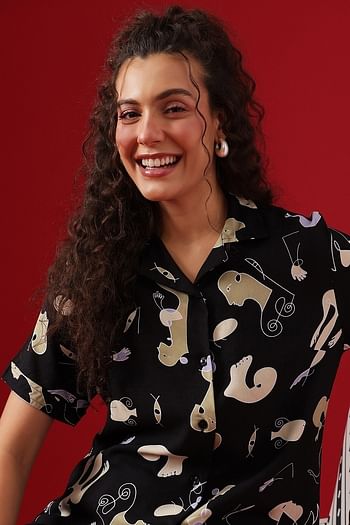 Front listing image for Abstract Print Button Down Shirt & Pyjama Set in Black - Rayon