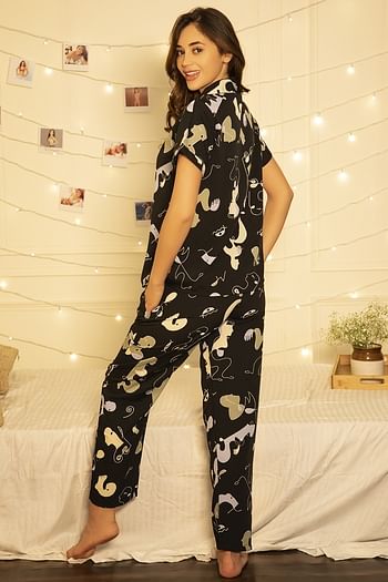Back listing image for Abstract Print Button Down Shirt & Pyjama Set in Black - Crepe