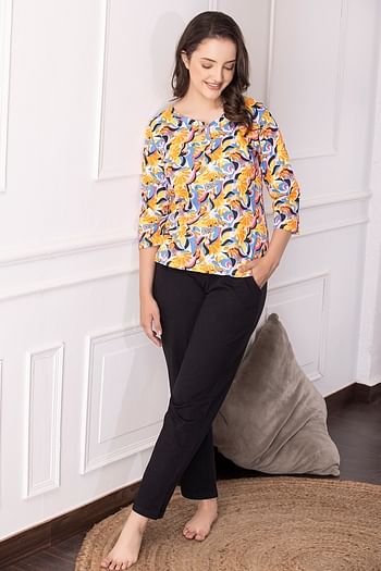 Front listing image for Abstract Print Top in Multicolour & Chic Basic Pyjama Set in Black - 100% Cotton