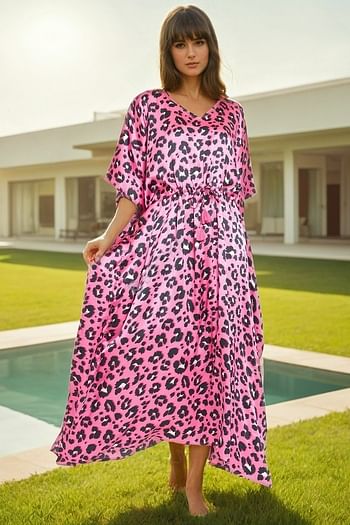 Front listing image for Animal Print Long Kaftan in Carnation Pink - Satin