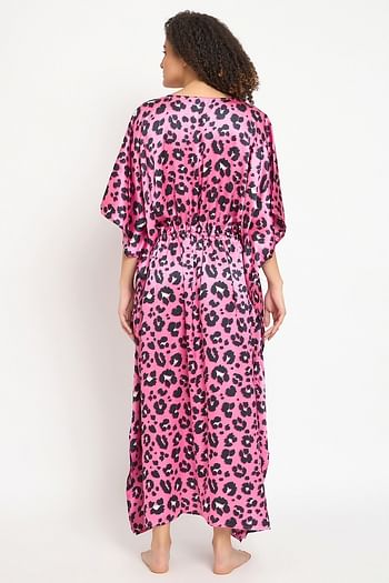 Back listing image for Animal Print Long Kaftan in Carnation Pink - Satin